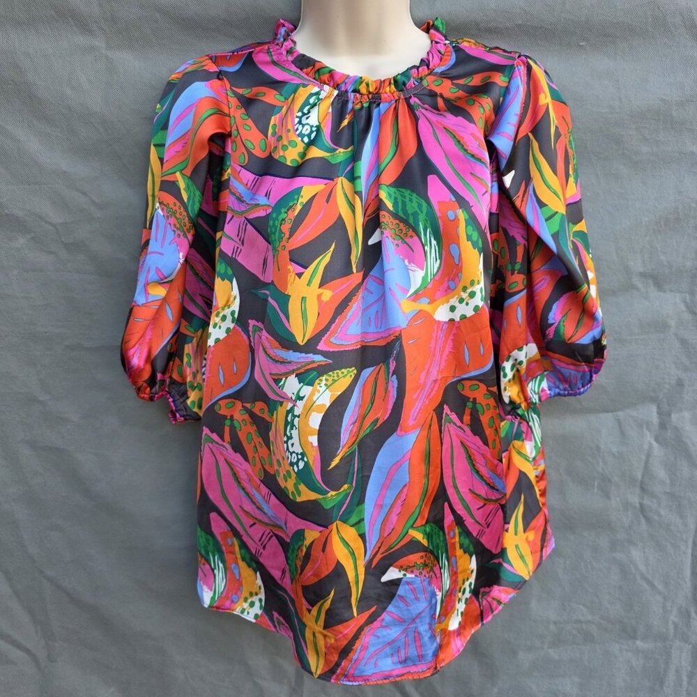 Michelle McDowel Eyes On Me Top Size Medium Tropical Colorful Puff Sleeves